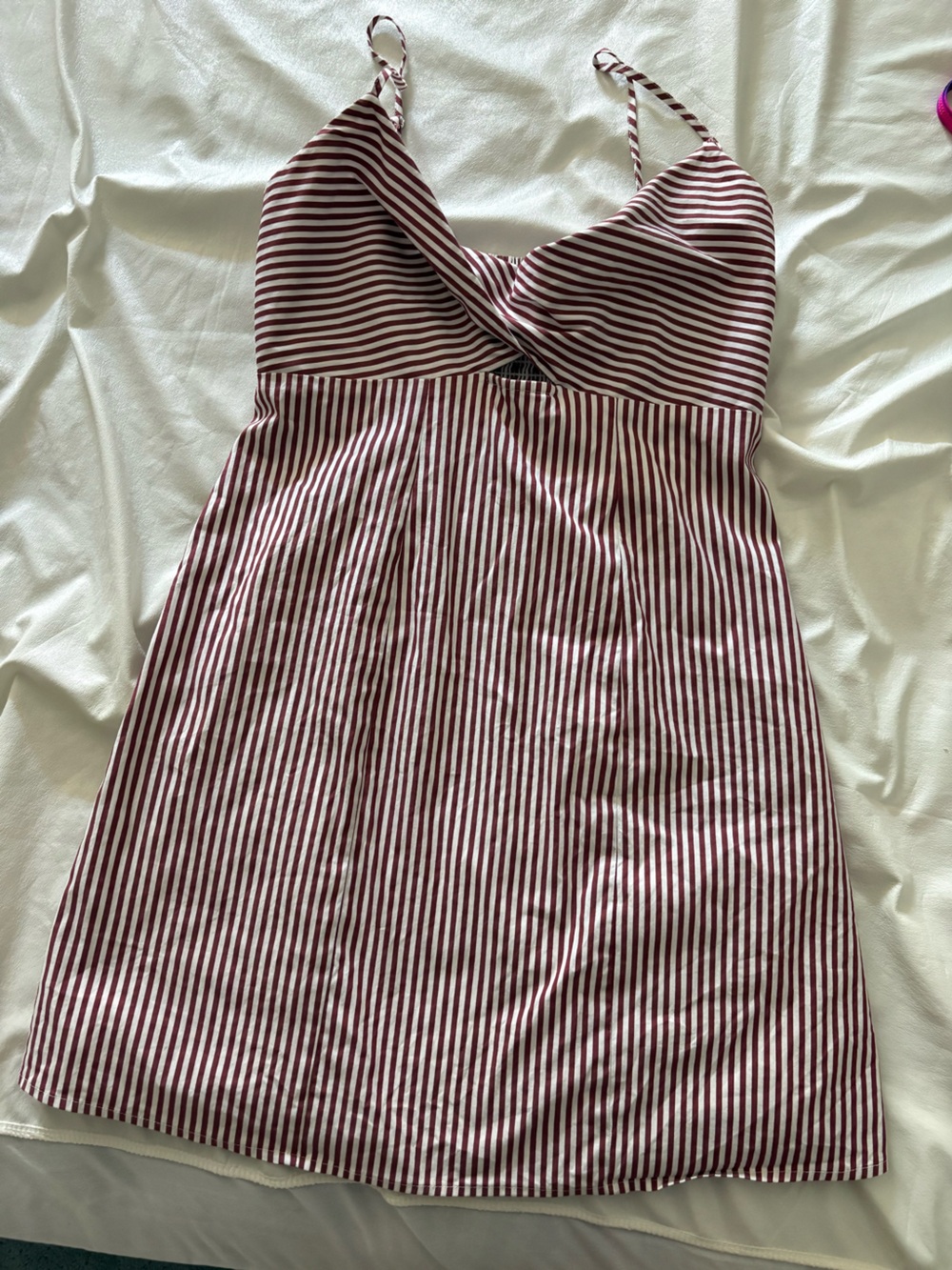 Burgundy and White Striped Mini Dress with Cutout